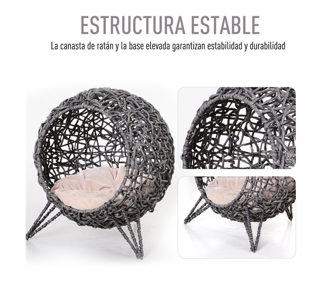 Conforama PawHut Cama Cueva De Ratán Para Gatos O Mascotas Pequeña Con Base Trípode Cojín De Felpa Y Algodón Suave Diseño Elevado Estable Φ52x58 Cm Gris
