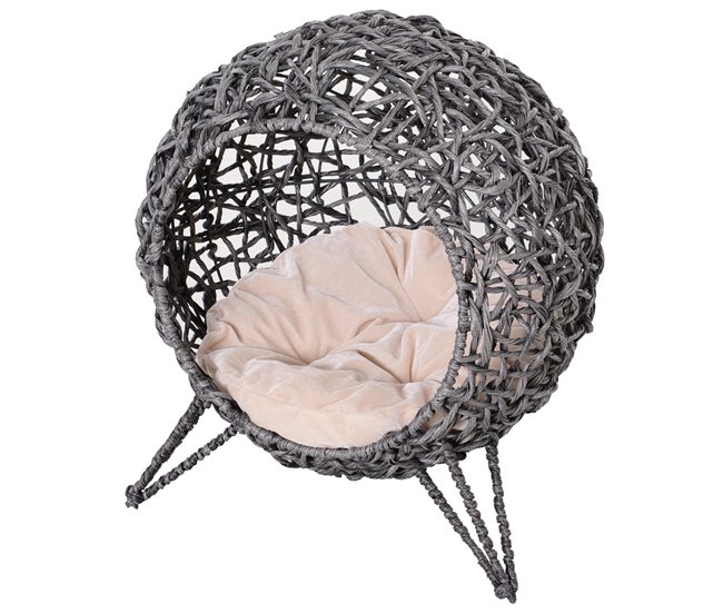 Conforama PawHut Cama Cueva de Ratán para Gatos o Mascotas Pequeña con Base Trípode Cojín de Felpa y Algodón Suave Diseño Elevado Estable Φ52x58 cm Gris
