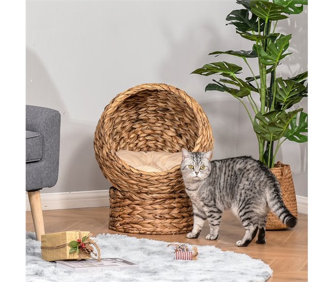 Conforama PawHut Cama Para Gatos De Mimbre Cueva Para Gatos Desmontable Con Cojín Extraíble 42x33x52 Cm Marrón Y Beige
