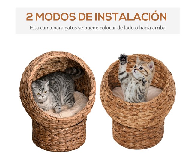 Conforama PawHut Cama Para Gatos De Mimbre Cueva Para Gatos Desmontable Con Cojín Extraíble 42x33x52 Cm Marrón Y Beige