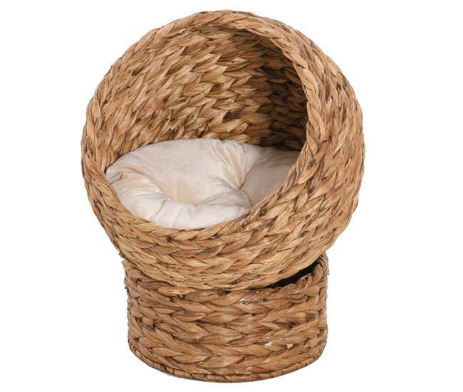 Conforama PawHut Cama para Gatos de Mimbre Cueva para Gatos Desmontable con Cojín Extraíble 42x33x52 cm Marrón y Beige
