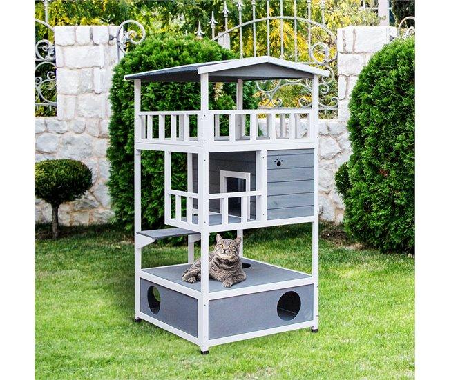 Conforama PawHut Casa Para Gatos De Madera 75 5x75x137 Cm Caseta Para Gatos Refugio Para Gatos Con Techo Asfáltico Y Plataformas Para Interior Y Exterior Gris