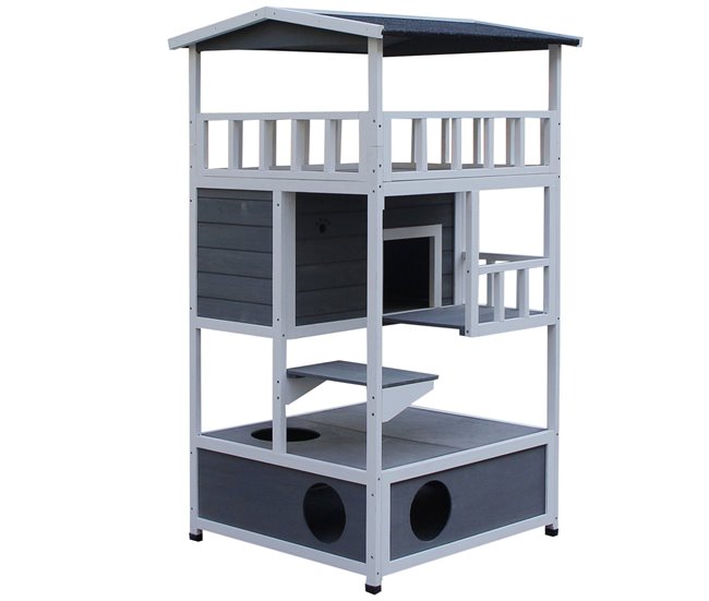 Conforama PawHut Casa para Gatos de Madera 75 5x75x137 cm Caseta para Gatos Refugio para Gatos con Techo Asfáltico y Plataformas para Interior y Exterior Gris