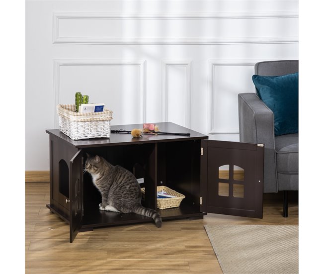 Conforama PawHut Casa Para Gatos De Madera Mueble Arenero Para Gatos 2 En 1 Con Armario De Almacenaje Encimera Amplio 2 Puertas Con Ventanas Y Orificio De Entrada Lateral 80 3x52 6x48 8 Cm Café