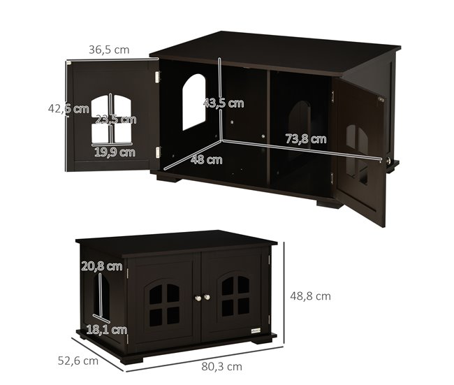 Conforama PawHut Casa Para Gatos De Madera Mueble Arenero Para Gatos 2 En 1 Con Armario De Almacenaje Encimera Amplio 2 Puertas Con Ventanas Y Orificio De Entrada Lateral 80 3x52 6x48 8 Cm Café
