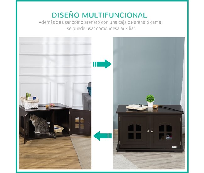 Conforama PawHut Casa Para Gatos De Madera Mueble Arenero Para Gatos 2 En 1 Con Armario De Almacenaje Encimera Amplio 2 Puertas Con Ventanas Y Orificio De Entrada Lateral 80 3x52 6x48 8 Cm Café