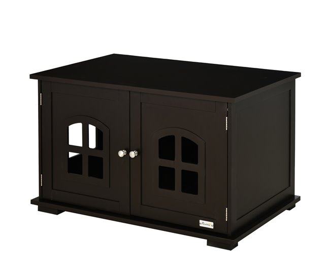 Conforama PawHut Casa para Gatos de Madera Mueble Arenero para Gatos 2 en 1 con Armario de Almacenaje Encimera Amplio 2 Puertas con Ventanas y Orificio de Entrada Lateral 80 3x52 6x48 8 cm Café