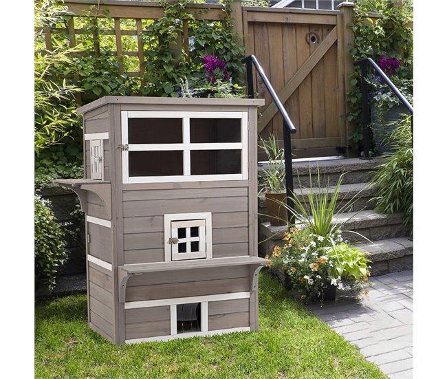 Conforama PawHut Caseta Para Gatos De Madera Exterior Casa Grande Para Gatos De 3 Pisos Con Múltiples Entradas Ventanas Y 2 Plataformas Para Terraza Balcón Jardín 93 5x67x117 Cm Gris