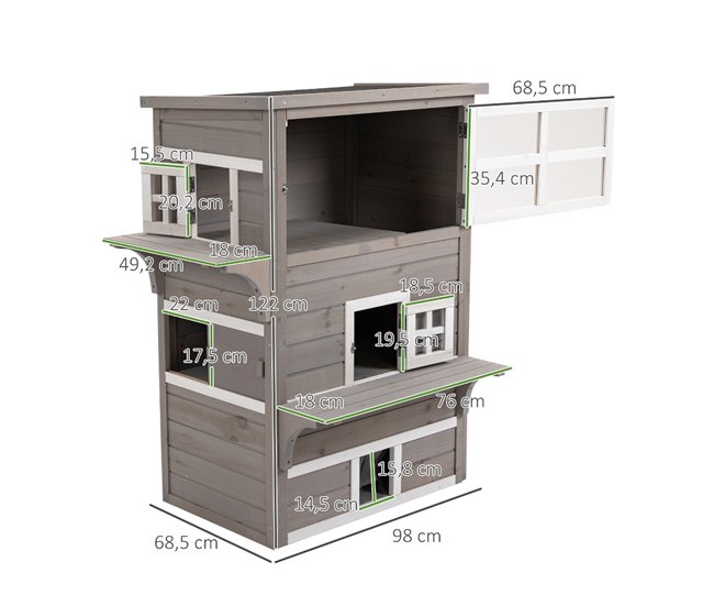 Conforama PawHut Caseta Para Gatos De Madera Exterior Casa Grande Para Gatos De 3 Pisos Con Múltiples Entradas Ventanas Y 2 Plataformas Para Terraza Balcón Jardín 93 5x67x117 Cm Gris