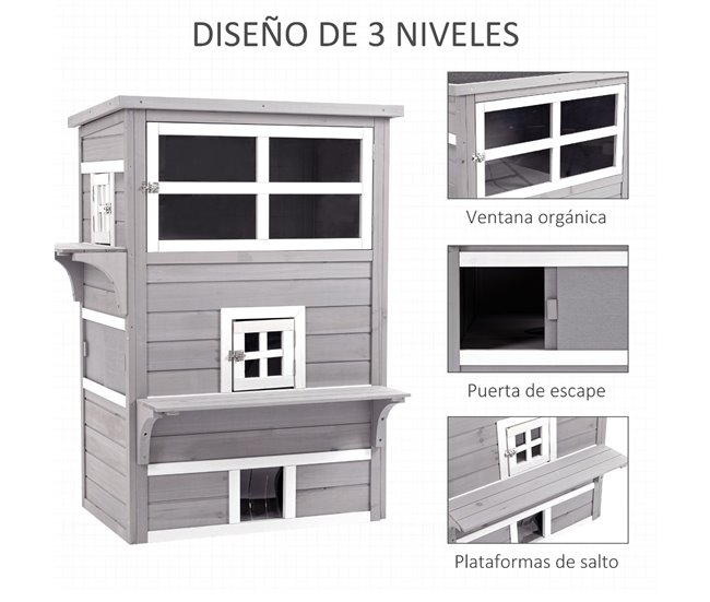 Conforama PawHut Caseta Para Gatos De Madera Exterior Casa Grande Para Gatos De 3 Pisos Con Múltiples Entradas Ventanas Y 2 Plataformas Para Terraza Balcón Jardín 93 5x67x117 Cm Gris
