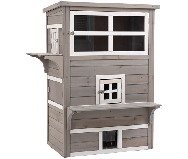 Conforama PawHut Caseta para Gatos de Madera Exterior Casa Grande para Gatos de 3 Pisos con Múltiples Entradas Ventanas y 2 Plataformas para Terraza Balcón Jardín 93 5x67x117 cm Gris