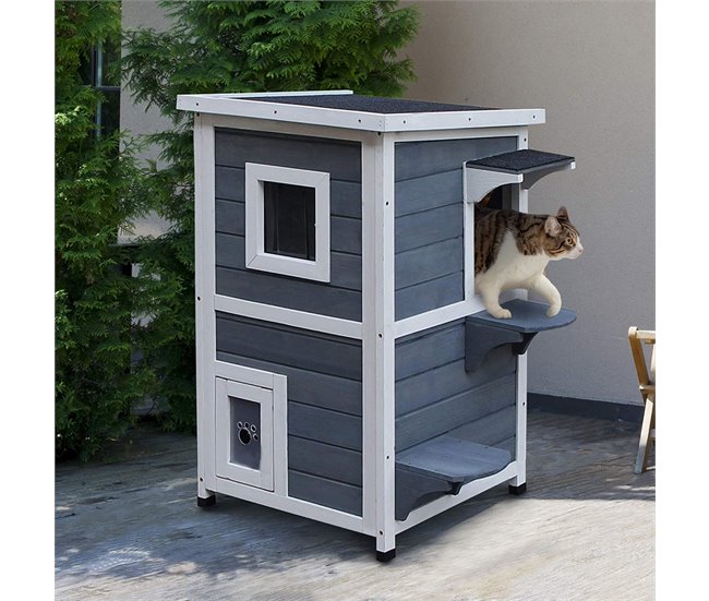 Conforama PawHut Caseta Para Gatos De Madera Exterior Casa Para Gatos De 2 Pisos Con Techo Abrible Ventanas Y 2 Plataformas Para Terraza Balcón Jardín 51x51x81 3 Cm Gris