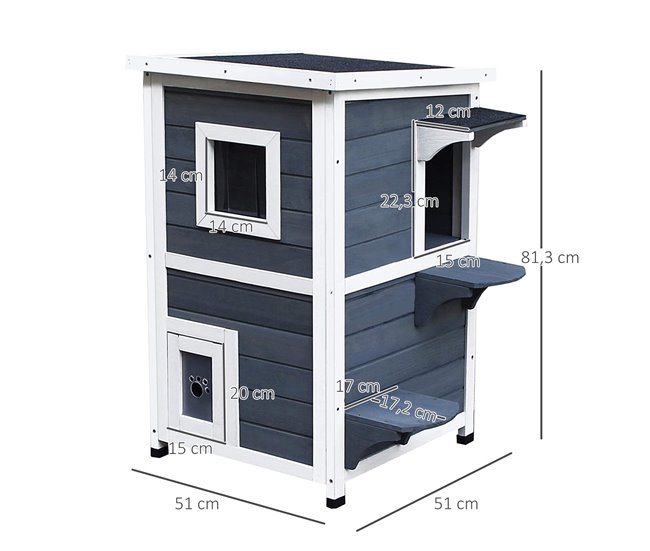 Conforama PawHut Caseta Para Gatos De Madera Exterior Casa Para Gatos De 2 Pisos Con Techo Abrible Ventanas Y 2 Plataformas Para Terraza Balcón Jardín 51x51x81 3 Cm Gris