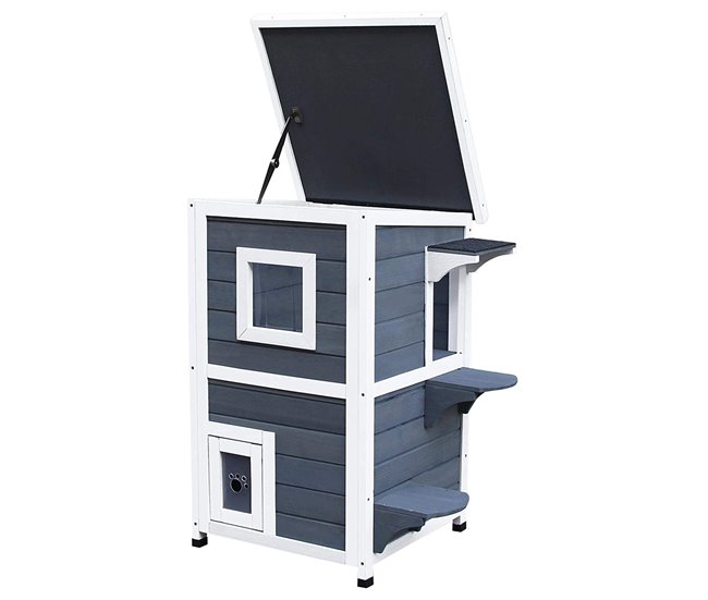 Conforama PawHut Caseta Para Gatos De Madera Exterior Casa Para Gatos De 2 Pisos Con Techo Abrible Ventanas Y 2 Plataformas Para Terraza Balcón Jardín 51x51x81 3 Cm Gris