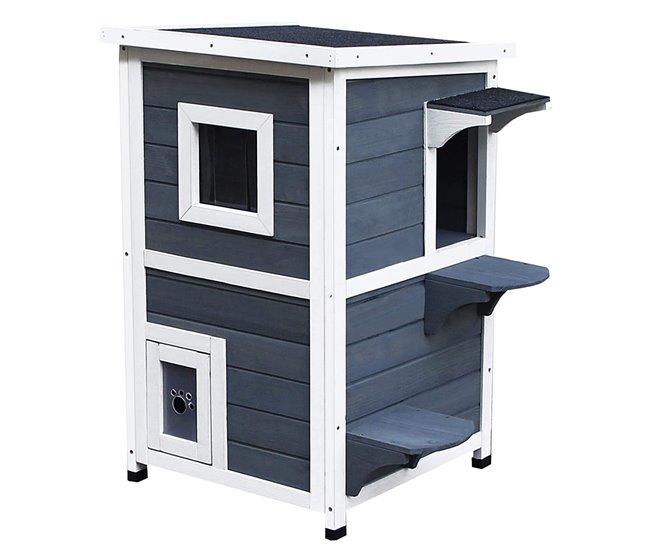 Conforama PawHut Caseta para Gatos de Madera Exterior Casa para Gatos de 2 Pisos con Techo Abrible Ventanas y 2 Plataformas para Terraza Balcón Jardín 51x51x81 3 cm Gris