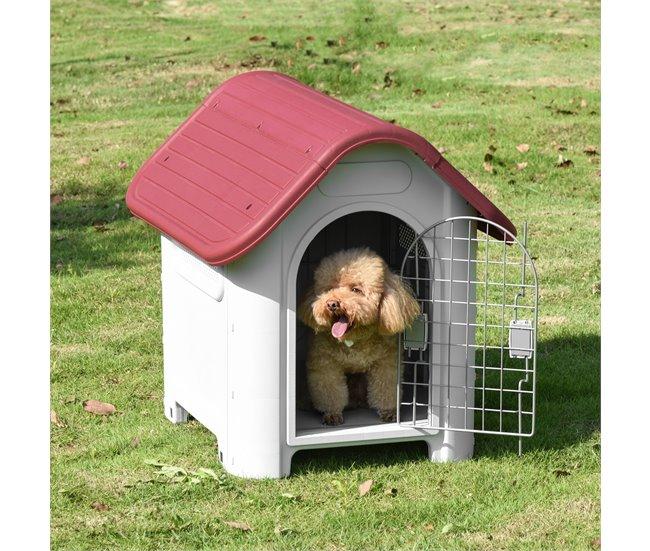 Conforama PawHut Caseta Para Perro Con Puerta Extraíble Base Elevada 3 Respiraderos Y Ventana Abrible Caseta De Perros Para Interior Y Exterior 59x75x66 Cm Gris Rojo