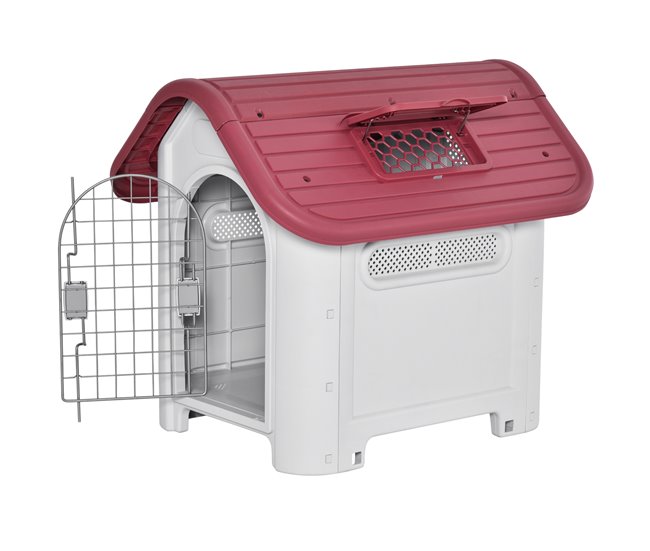 Conforama PawHut Caseta para Perro con Puerta Extraíble Base Elevada 3 Respiraderos y Ventana Abrible Caseta de Perros para Interior y Exterior 59x75x66 cm Gris Rojo