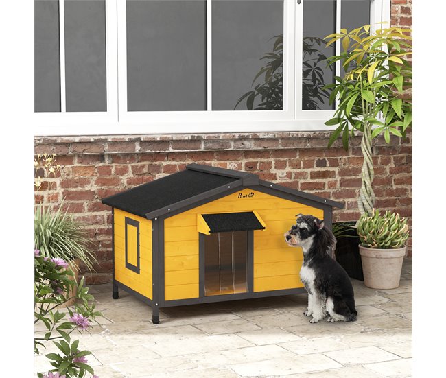 Conforama PawHut Caseta Para Perros Exterior Casa Para Perros Pequeños Con Techo Asfáltico Abatible 2 Ventanas Puerta Con Cortina Y Base Extraíble 97x72x65 Cm Madera Natural