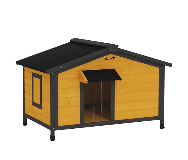 Conforama PawHut Caseta para Perros Exterior Casa para Perros Pequeños con Techo Asfáltico Abatible 2 Ventanas Puerta con Cortina y Base Extraíble 97x72x65 cm Madera Natural