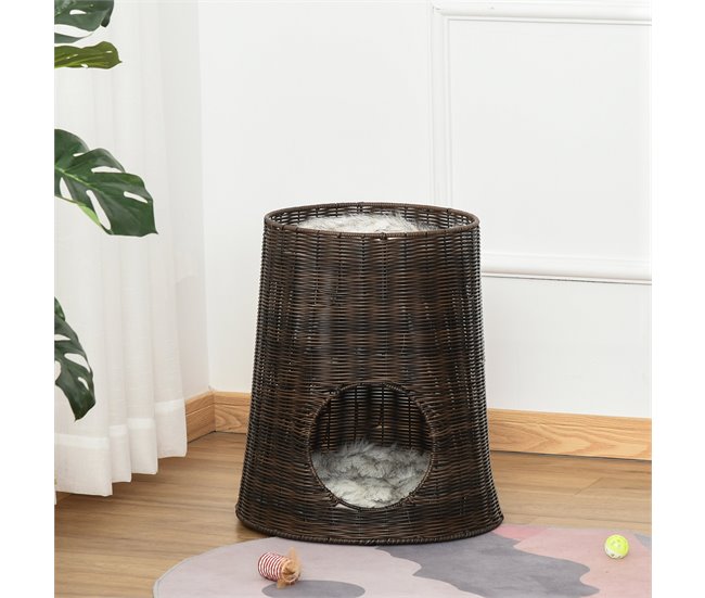 Conforama PawHut Cesta De Ratán Para Gatos Cama Cueva De 2 Niveles Con Cojines Lavables Ø45x50 Cm Marrón Oscuro