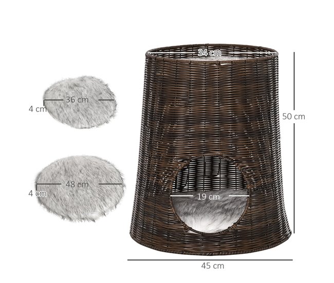 Conforama PawHut Cesta De Ratán Para Gatos Cama Cueva De 2 Niveles Con Cojines Lavables Ø45x50 Cm Marrón Oscuro