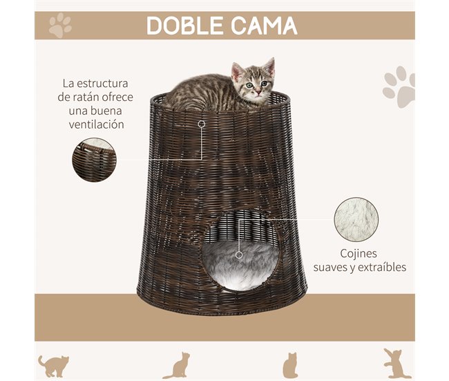 Conforama PawHut Cesta De Ratán Para Gatos Cama Cueva De 2 Niveles Con Cojines Lavables Ø45x50 Cm Marrón Oscuro