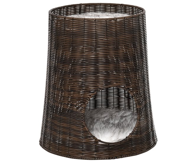 Conforama PawHut Cesta de Ratán para Gatos Cama Cueva de 2 Niveles con Cojines Lavables Ø45x50 cm Marrón Oscuro