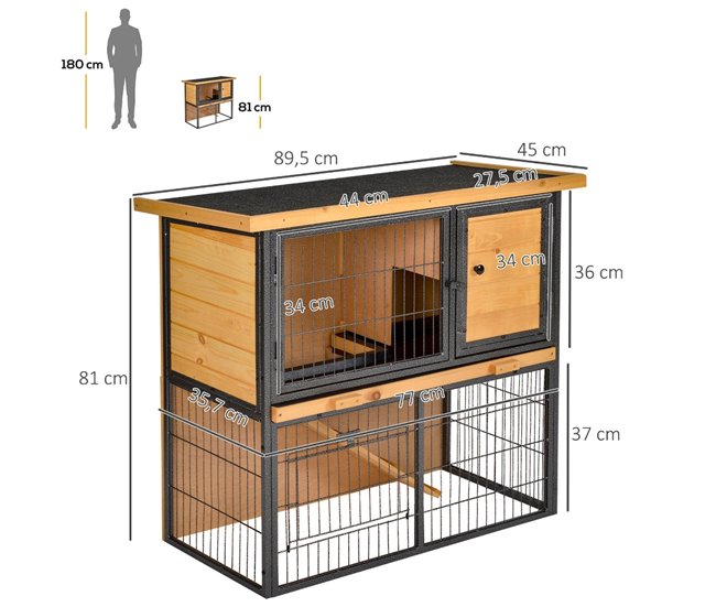 Conforama PawHut Conejera De Exterior De Madera Jaula Para Mascotas Pequeñas 2 Niveles Con Rampa Bandeja Extraíble Puertas Con Cerraduras 89 5x45x81 Cm Madera Y Gris