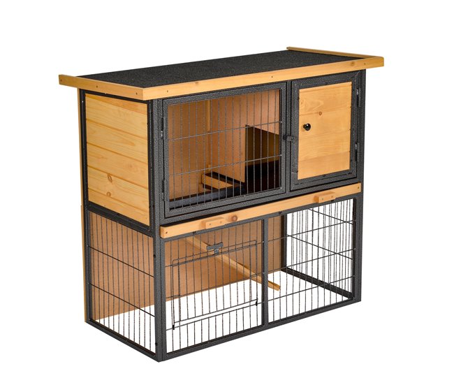 Conforama PawHut Conejera de Exterior de Madera Jaula para Mascotas Pequeñas 2 Niveles con Rampa Bandeja Extraíble Puertas con Cerraduras 89 5x45x81 cm Madera y Gris