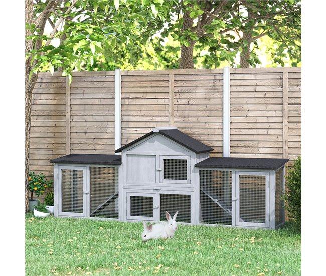 Conforama PawHut Conejera De Exterior Grande Jaula De Madera Para 2-4 Conejos Con Techo Asfáltico Recinto De Alambre Bandeja Extraíble Y Rampas 210x45 5x84 5 Cm Gris Y Negro