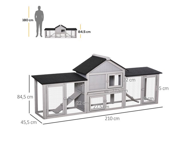Conforama PawHut Conejera De Exterior Grande Jaula De Madera Para 2-4 Conejos Con Techo Asfáltico Recinto De Alambre Bandeja Extraíble Y Rampas 210x45 5x84 5 Cm Gris Y Negro
