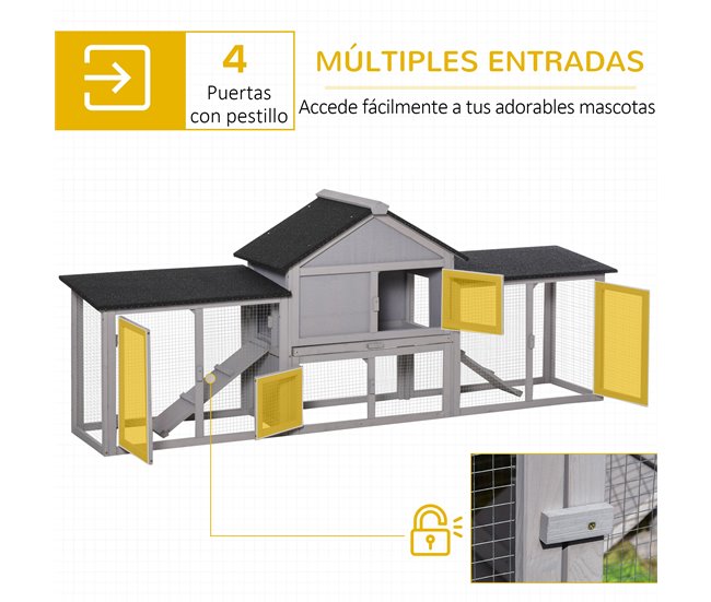 Conforama PawHut Conejera De Exterior Grande Jaula De Madera Para 2-4 Conejos Con Techo Asfáltico Recinto De Alambre Bandeja Extraíble Y Rampas 210x45 5x84 5 Cm Gris Y Negro