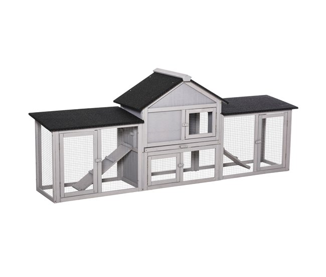 Conforama PawHut Conejera de Exterior Grande Jaula de Madera para 2-4 Conejos con Techo Asfáltico Recinto de Alambre Bandeja Extraíble y Rampas 210x45 5x84 5 cm Gris y Negro