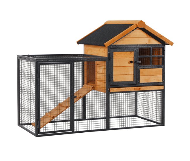 Conforama PawHut Conejera de Exterior Jaula para Mascotas Pequeñas 2 Niveles con Rampa Bandeja Extraíble de Madera y Metal 122x63x92 cm para Conejos Cobayas Madera y Gris