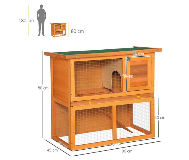 Conforama PawHut Conejera De Madera 90x45x80 Cm Jaula Para Conejos Con Corral De Metal Techo Asfáltico Bandeja Extraíble Y Rampa Natural