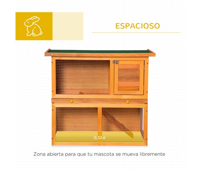 Conforama PawHut Conejera De Madera 90x45x80 Cm Jaula Para Conejos Con Corral De Metal Techo Asfáltico Bandeja Extraíble Y Rampa Natural