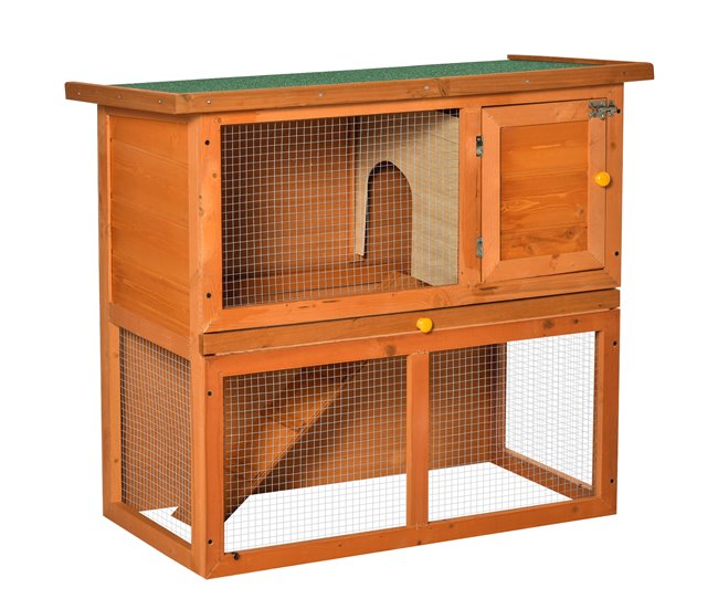 Conforama PawHut Conejera de Madera 90x45x80 cm Jaula para Conejos con Corral de Metal Techo Asfáltico Bandeja Extraíble y Rampa Natural