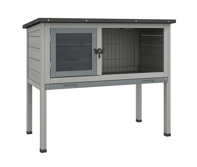 Conforama PawHut Conejera de Madera Caseta Exterior Refugio para Mascotas Pequeñas Conejos Cobayas con Bandeja Extraíble y Techo Asfáltico 84x43x70 cm Gris y Negro