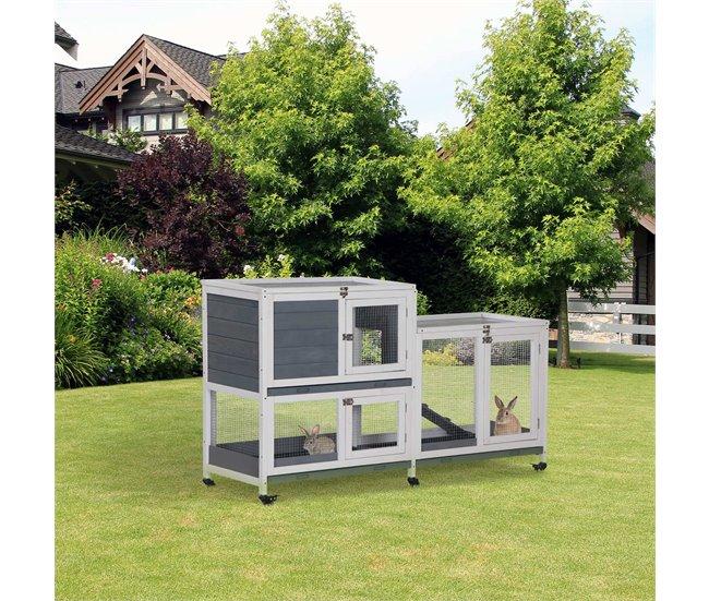 Conforama PawHut Conejera De Madera Con Ruedas 147x45 5x88 5 Cm Jaula Para Conejos De 2 Niveles Con Techo Abrible 2 Corrales De Metal 3 Bandejas Extraíbles 3 Puertas Con Pestillo Y Rampa Gris