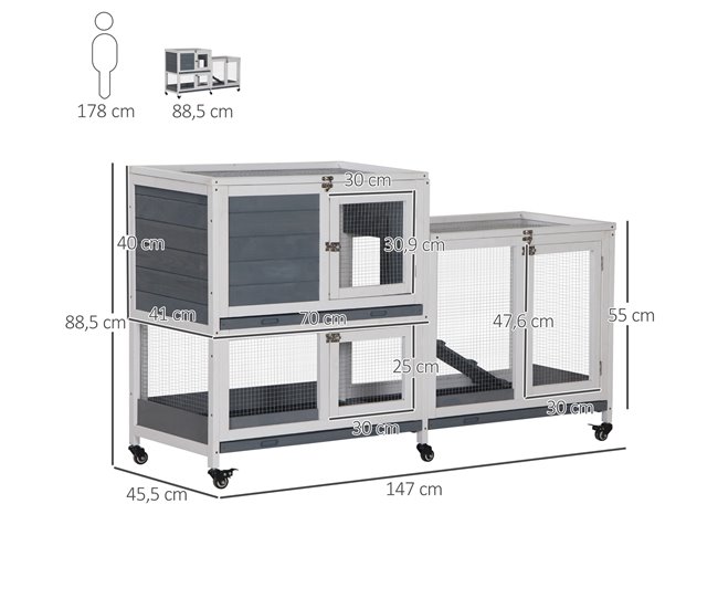 Conforama PawHut Conejera De Madera Con Ruedas 147x45 5x88 5 Cm Jaula Para Conejos De 2 Niveles Con Techo Abrible 2 Corrales De Metal 3 Bandejas Extraíbles 3 Puertas Con Pestillo Y Rampa Gris