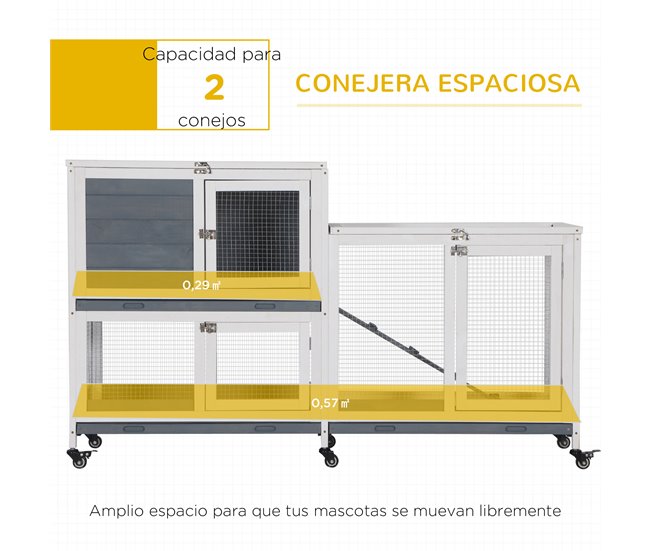 Conforama PawHut Conejera De Madera Con Ruedas 147x45 5x88 5 Cm Jaula Para Conejos De 2 Niveles Con Techo Abrible 2 Corrales De Metal 3 Bandejas Extraíbles 3 Puertas Con Pestillo Y Rampa Gris