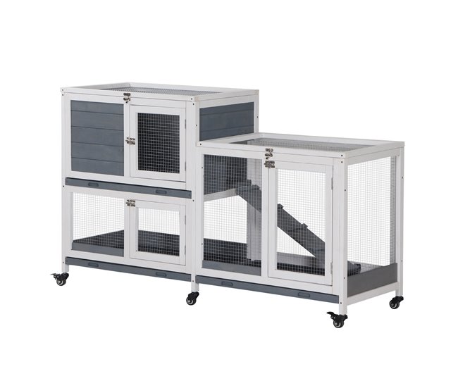 Conforama PawHut Conejera de Madera con Ruedas 147x45 5x88 5 cm Jaula para Conejos de 2 Niveles con Techo Abrible 2 Corrales de Metal 3 Bandejas Extraíbles 3 Puertas con Pestillo y Rampa Gris