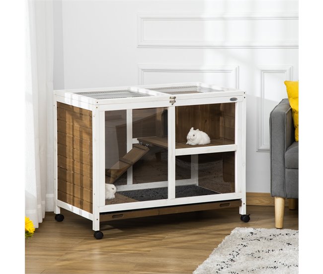Conforama PawHut Conejera De Madera Con Ruedas 91 5x53 3x73 Cm Jaula Para Conejos De 2 Niveles Con Techo Abatible Bandeja Extraíble Y Rampa Marrón