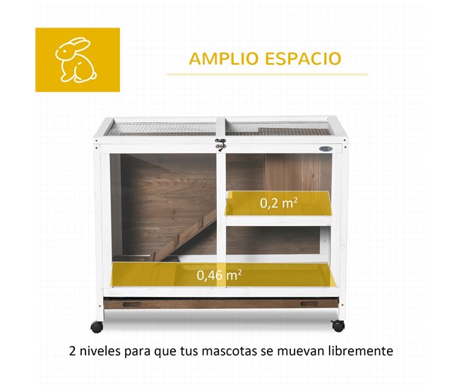 Conforama PawHut Conejera De Madera Con Ruedas 91 5x53 3x73 Cm Jaula Para Conejos De 2 Niveles Con Techo Abatible Bandeja Extraíble Y Rampa Marrón