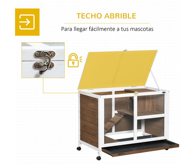 Conforama PawHut Conejera De Madera Con Ruedas 91 5x53 3x73 Cm Jaula Para Conejos De 2 Niveles Con Techo Abatible Bandeja Extraíble Y Rampa Marrón