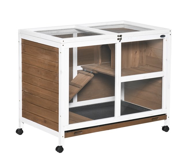 Conforama PawHut Conejera de Madera con Ruedas 91 5x53 3x73 cm Jaula para Conejos de 2 Niveles con Techo Abatible Bandeja Extraíble y Rampa Marrón