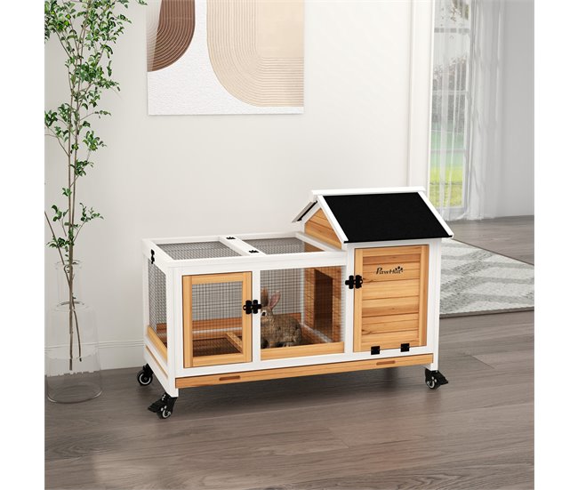 Conforama PawHut Conejera De Madera Con Ruedas Jaula Para Conejos Con Techo Abatible Y Bandeja Extraíble Conejera Para Interior Y Exterior 108x58x73 5 Cm Natural