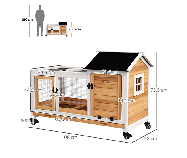 Conforama PawHut Conejera De Madera Con Ruedas Jaula Para Conejos Con Techo Abatible Y Bandeja Extraíble Conejera Para Interior Y Exterior 108x58x73 5 Cm Natural