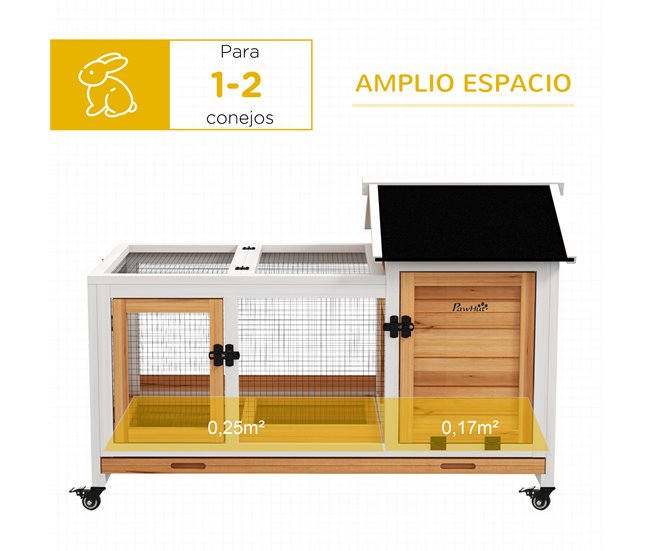 Conforama PawHut Conejera De Madera Con Ruedas Jaula Para Conejos Con Techo Abatible Y Bandeja Extraíble Conejera Para Interior Y Exterior 108x58x73 5 Cm Natural