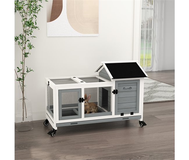 Conforama PawHut Conejera De Madera Con Ruedas Jaula Para Conejos Con Techo Abatible Y Bandeja Extraíble Conejera Para Interior Y Exterior 108x58x73 5 Cm Gris